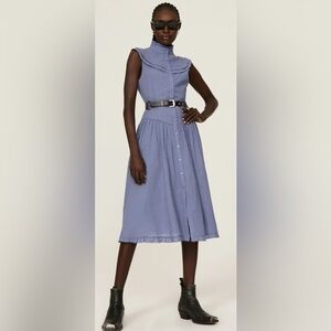 Pamela Love Chambray Midi Dress Sleeveless High-Neck Button Front EUC XS #2064-A